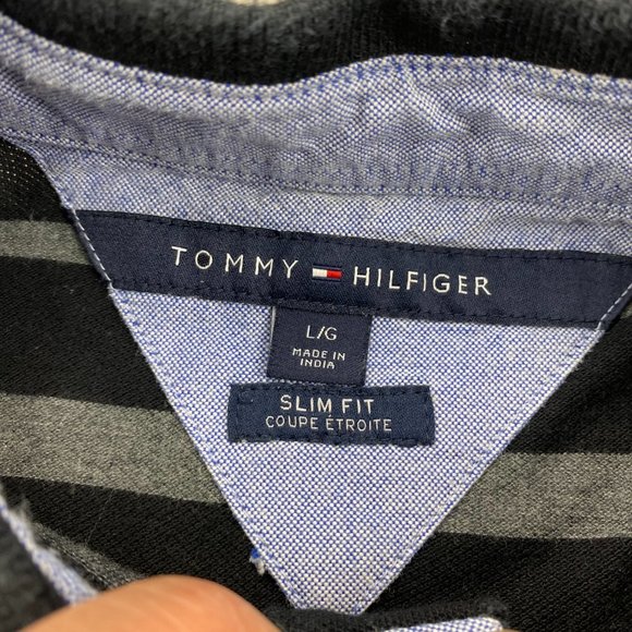 Tommy Hilfiger Polo Shirt Men Large L Gray Black Striped Slim Fit Casual Button - Picture 4 of 10